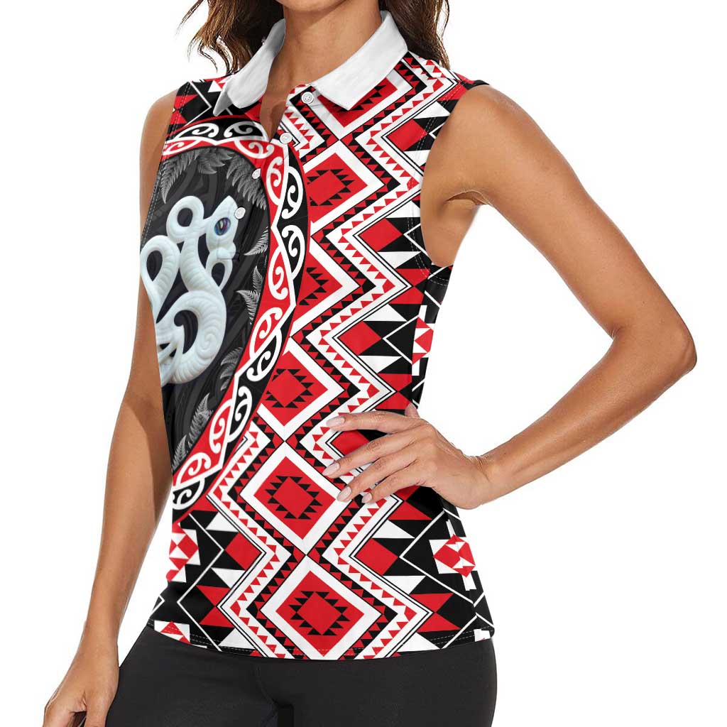 Red Taniko Motif Aotearoa Manaia and Silver Fern Women Sleeveless Polo Shirt LT03 - Polynesian Pride