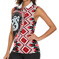 Red Taniko Motif Aotearoa Manaia and Silver Fern Women Sleeveless Polo Shirt LT03 - Polynesian Pride
