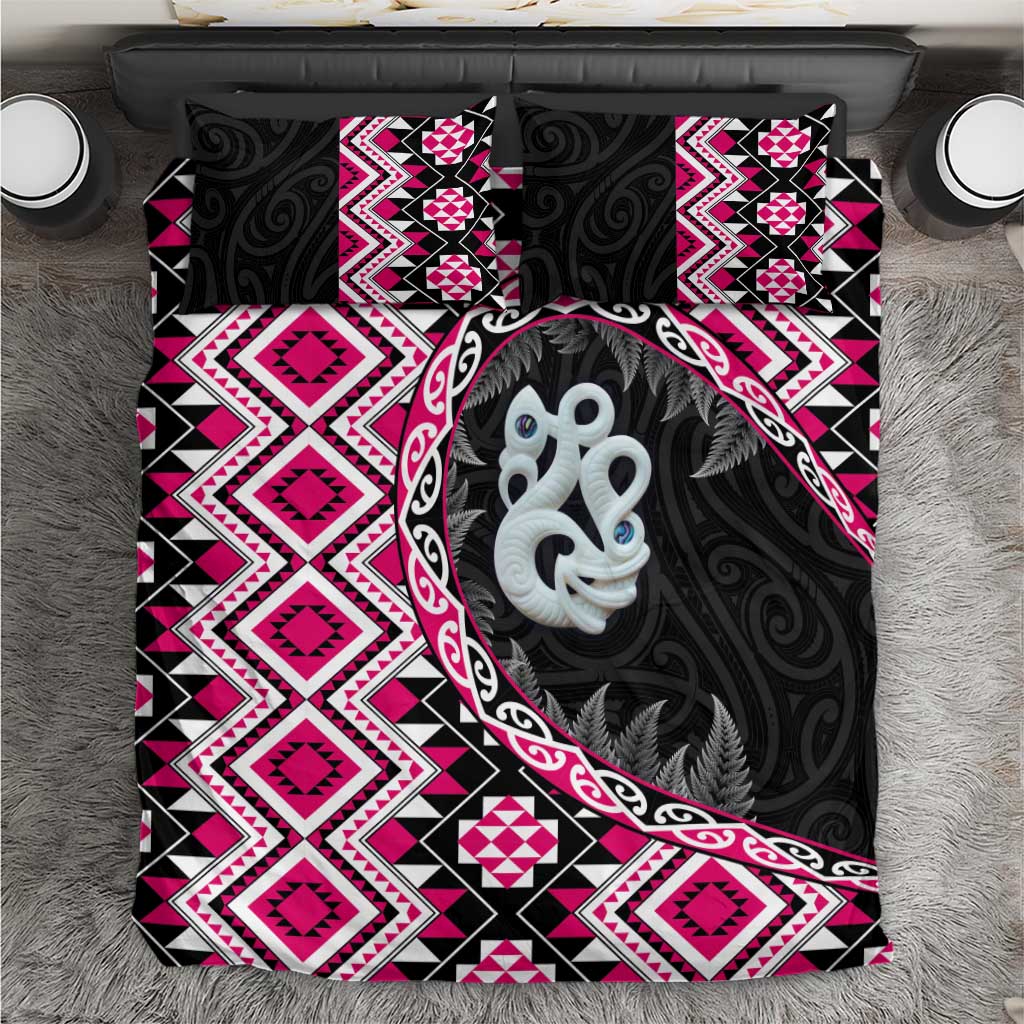 Pink Taniko Motif Aotearoa Manaia and Silver Fern Bedding Set LT03 Pink - Polynesian Pride