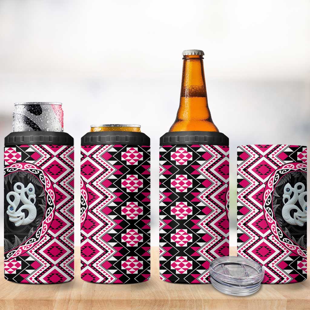 Pink Taniko Motif Aotearoa Manaia and Silver Fern 4 in 1 Can Cooler Tumbler LT03 - Polynesian Pride