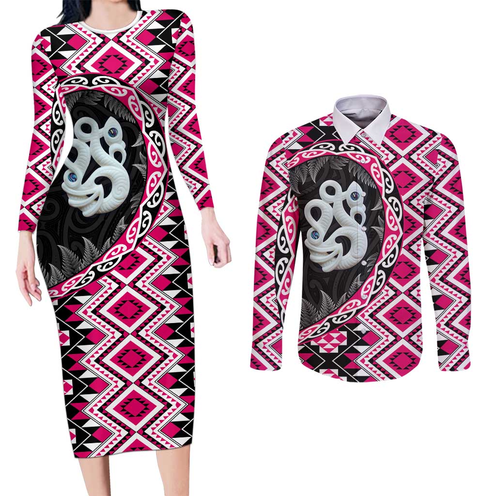 Pink Taniko Motif Aotearoa Manaia and Silver Fern Couples Matching Long Sleeve Bodycon Dress and Long Sleeve Button Shirt LT03 Pink - Polynesian Pride