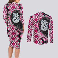 Pink Taniko Motif Aotearoa Manaia and Silver Fern Couples Matching Long Sleeve Bodycon Dress and Long Sleeve Button Shirt LT03 - Polynesian Pride