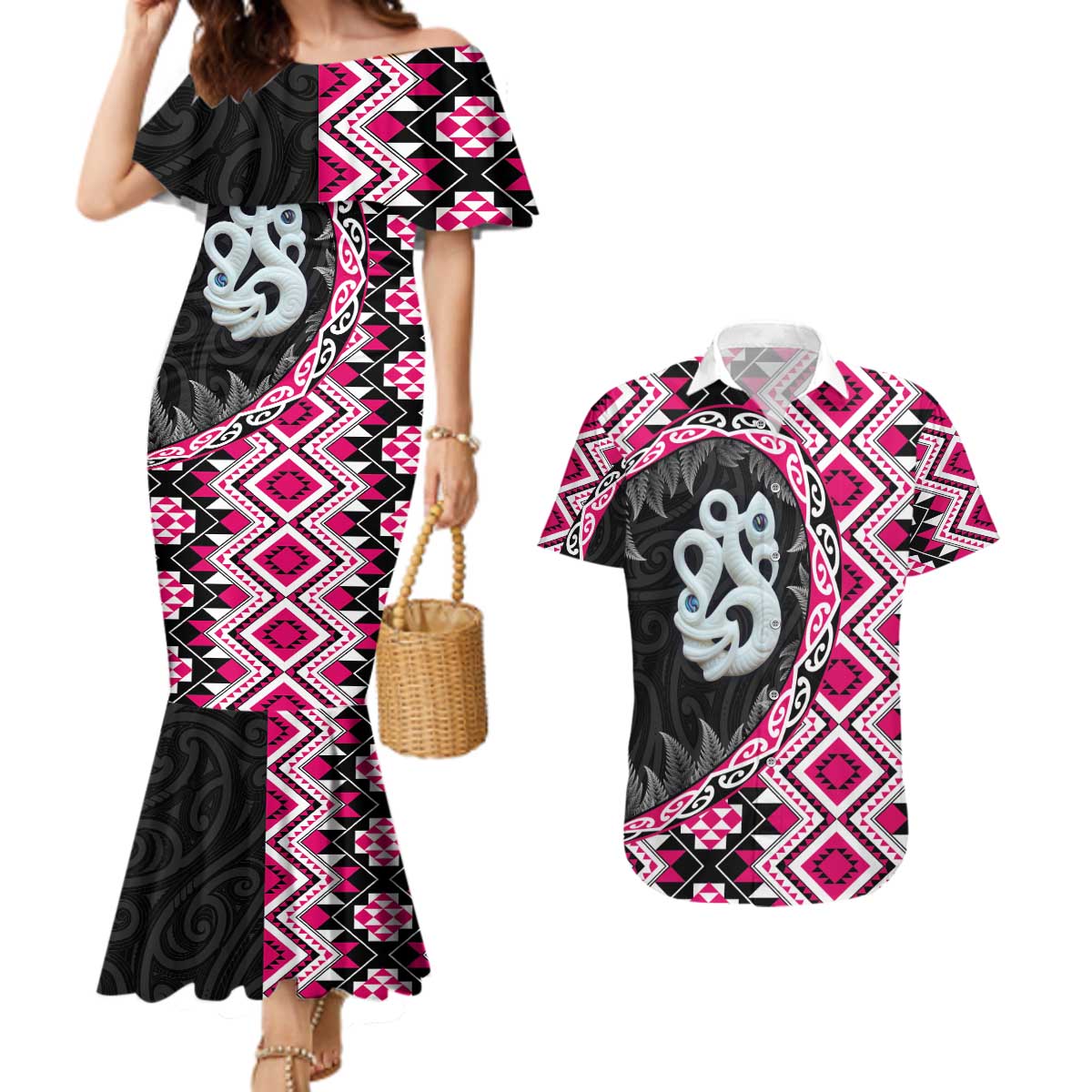Pink Taniko Motif Aotearoa Manaia and Silver Fern Couples Matching Mermaid Dress and Hawaiian Shirt LT03 Pink - Polynesian Pride