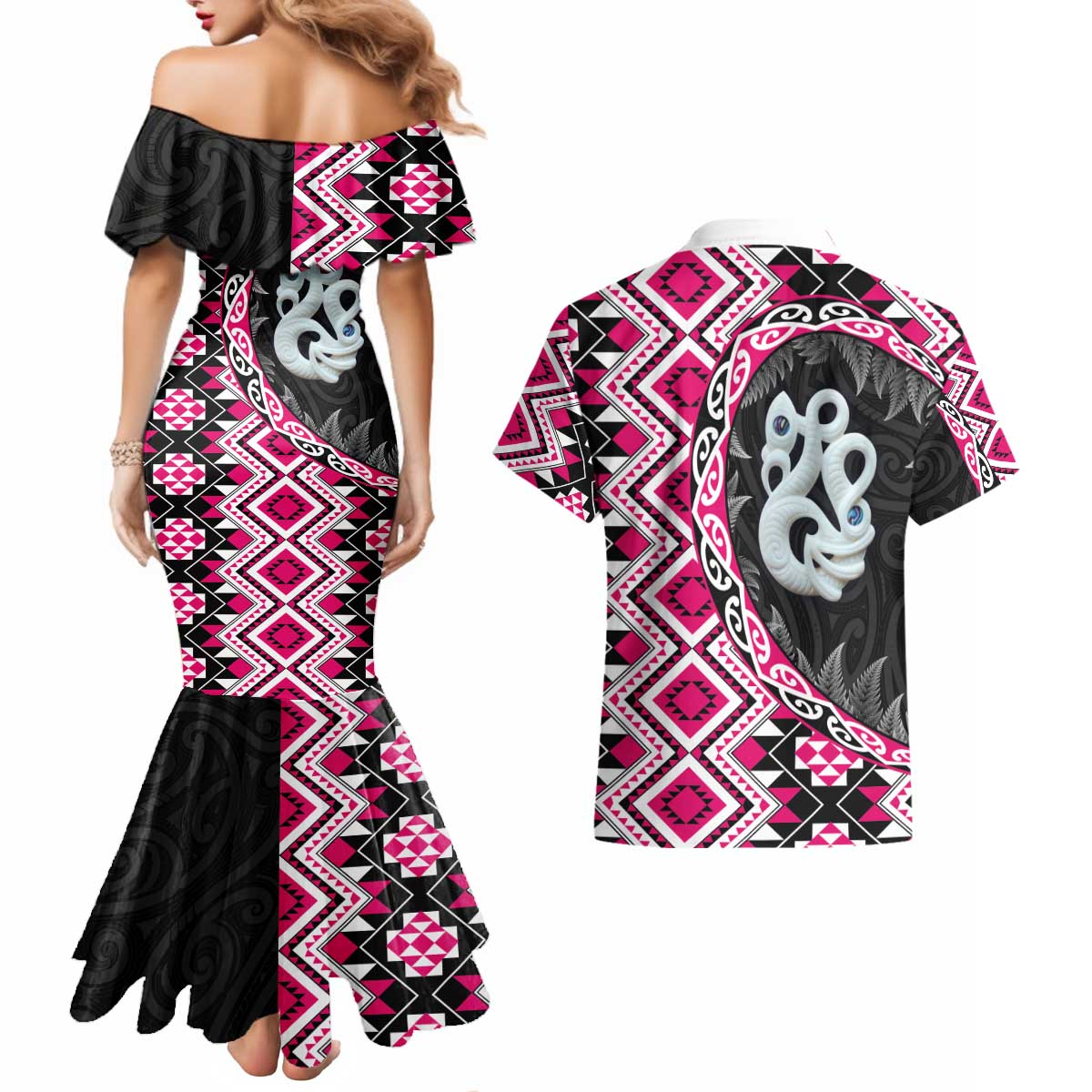 Pink Taniko Motif Aotearoa Manaia and Silver Fern Couples Matching Mermaid Dress and Hawaiian Shirt LT03 - Polynesian Pride