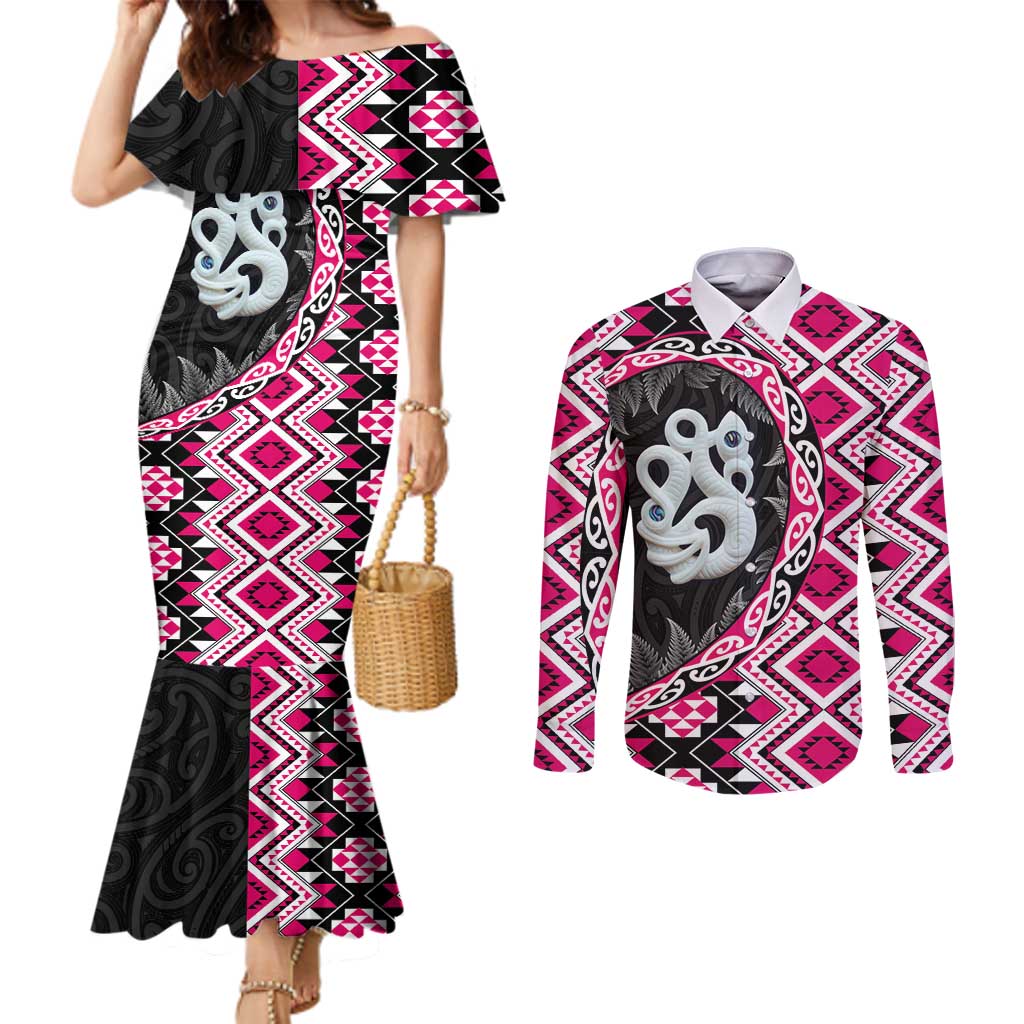 Pink Taniko Motif Aotearoa Manaia and Silver Fern Couples Matching Mermaid Dress and Long Sleeve Button Shirt LT03 Pink - Polynesian Pride