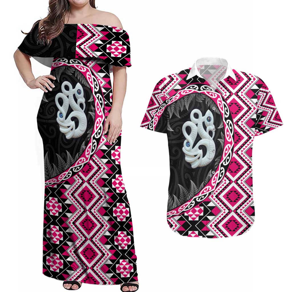 Pink Taniko Motif Aotearoa Manaia and Silver Fern Couples Matching Off Shoulder Maxi Dress and Hawaiian Shirt LT03 Pink - Polynesian Pride