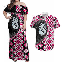 Pink Taniko Motif Aotearoa Manaia and Silver Fern Couples Matching Off Shoulder Maxi Dress and Hawaiian Shirt LT03 Pink - Polynesian Pride
