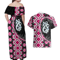 Pink Taniko Motif Aotearoa Manaia and Silver Fern Couples Matching Off Shoulder Maxi Dress and Hawaiian Shirt LT03 - Polynesian Pride
