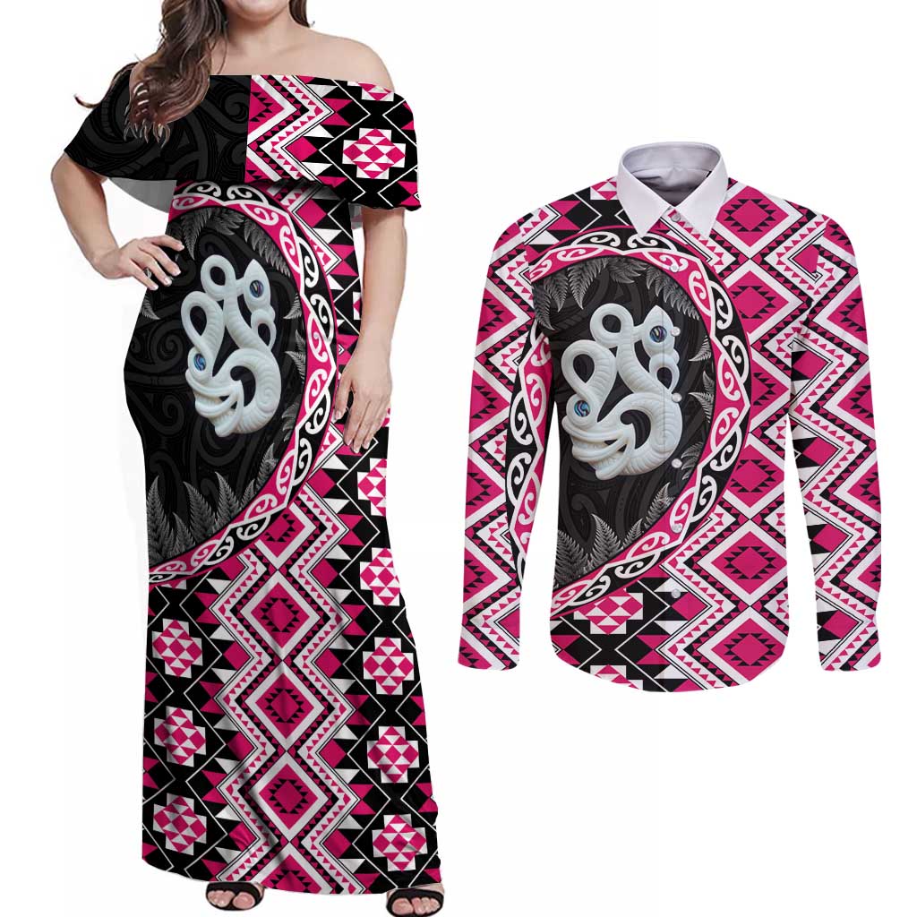 Pink Taniko Motif Aotearoa Manaia and Silver Fern Couples Matching Off Shoulder Maxi Dress and Long Sleeve Button Shirt LT03 Pink - Polynesian Pride