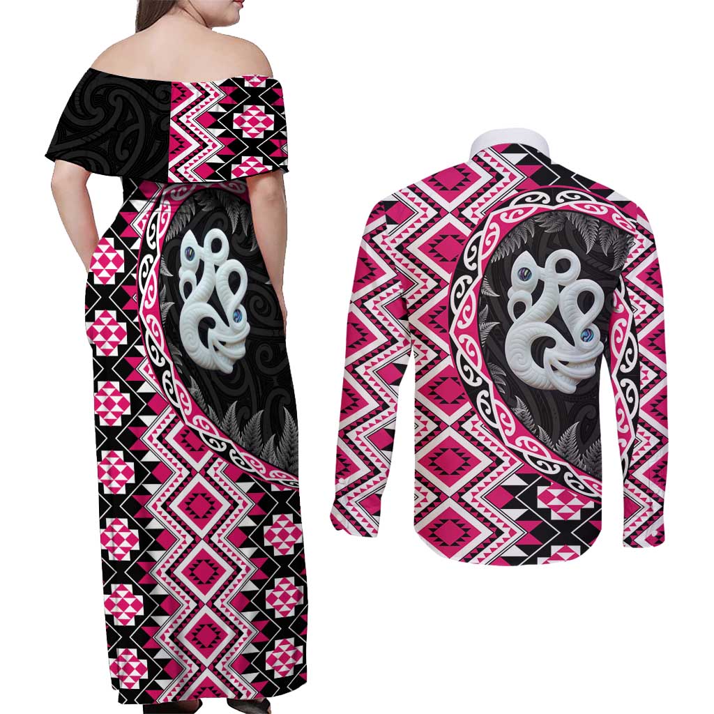 Pink Taniko Motif Aotearoa Manaia and Silver Fern Couples Matching Off Shoulder Maxi Dress and Long Sleeve Button Shirt LT03 - Polynesian Pride