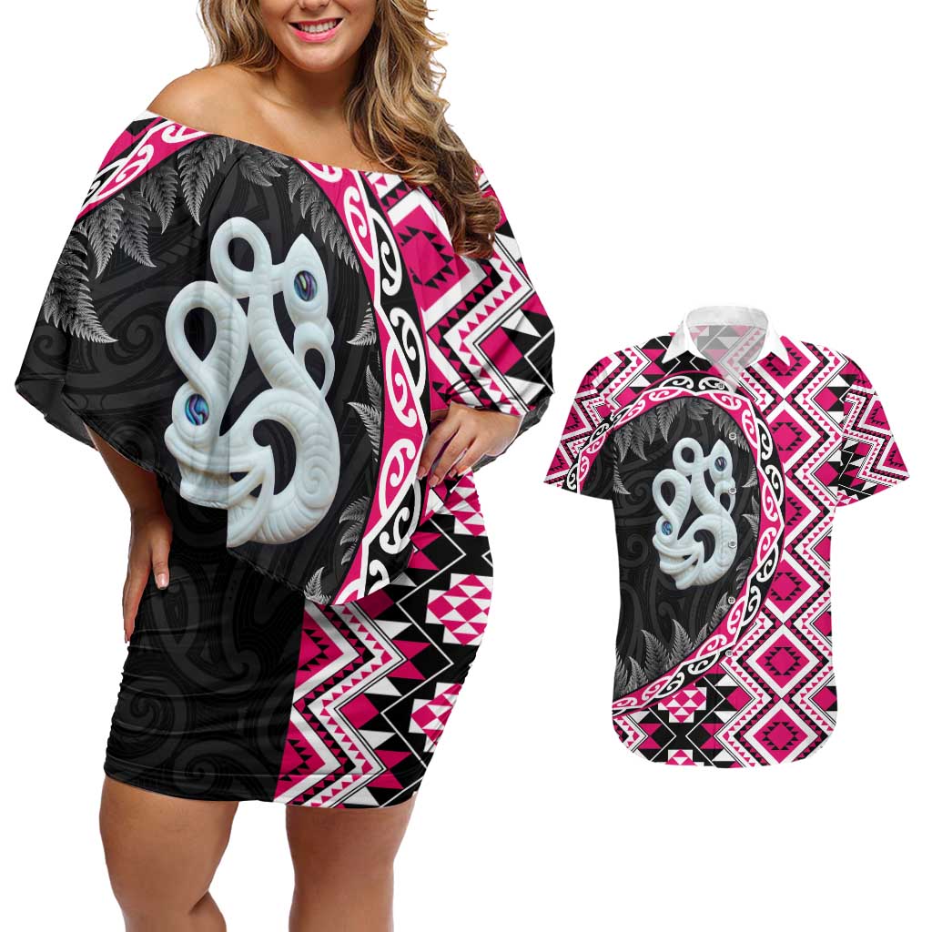 Pink Taniko Motif Aotearoa Manaia and Silver Fern Couples Matching Off Shoulder Short Dress and Hawaiian Shirt LT03 Pink - Polynesian Pride