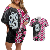 Pink Taniko Motif Aotearoa Manaia and Silver Fern Couples Matching Off Shoulder Short Dress and Hawaiian Shirt LT03 Pink - Polynesian Pride