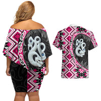 Pink Taniko Motif Aotearoa Manaia and Silver Fern Couples Matching Off Shoulder Short Dress and Hawaiian Shirt LT03 - Polynesian Pride