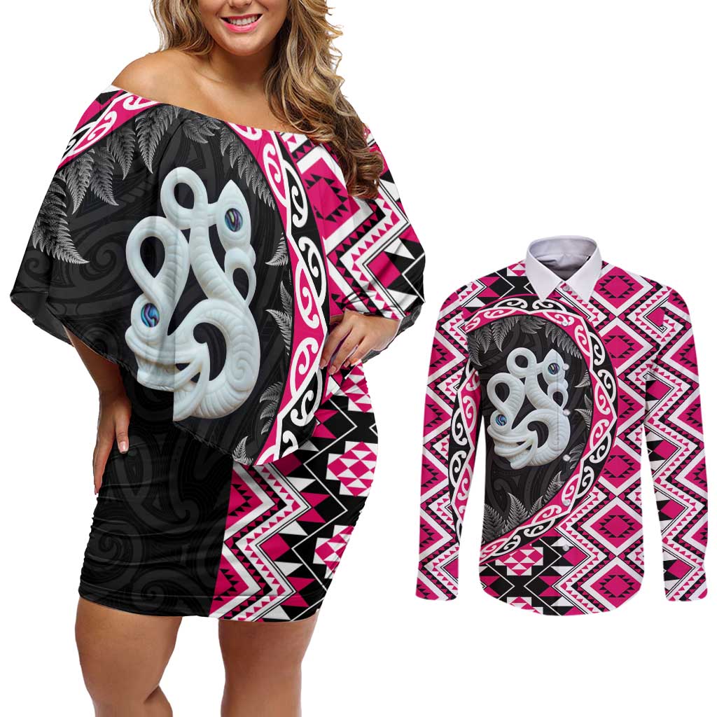 Pink Taniko Motif Aotearoa Manaia and Silver Fern Couples Matching Off Shoulder Short Dress and Long Sleeve Button Shirt LT03 Pink - Polynesian Pride