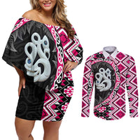 Pink Taniko Motif Aotearoa Manaia and Silver Fern Couples Matching Off Shoulder Short Dress and Long Sleeve Button Shirt LT03 Pink - Polynesian Pride