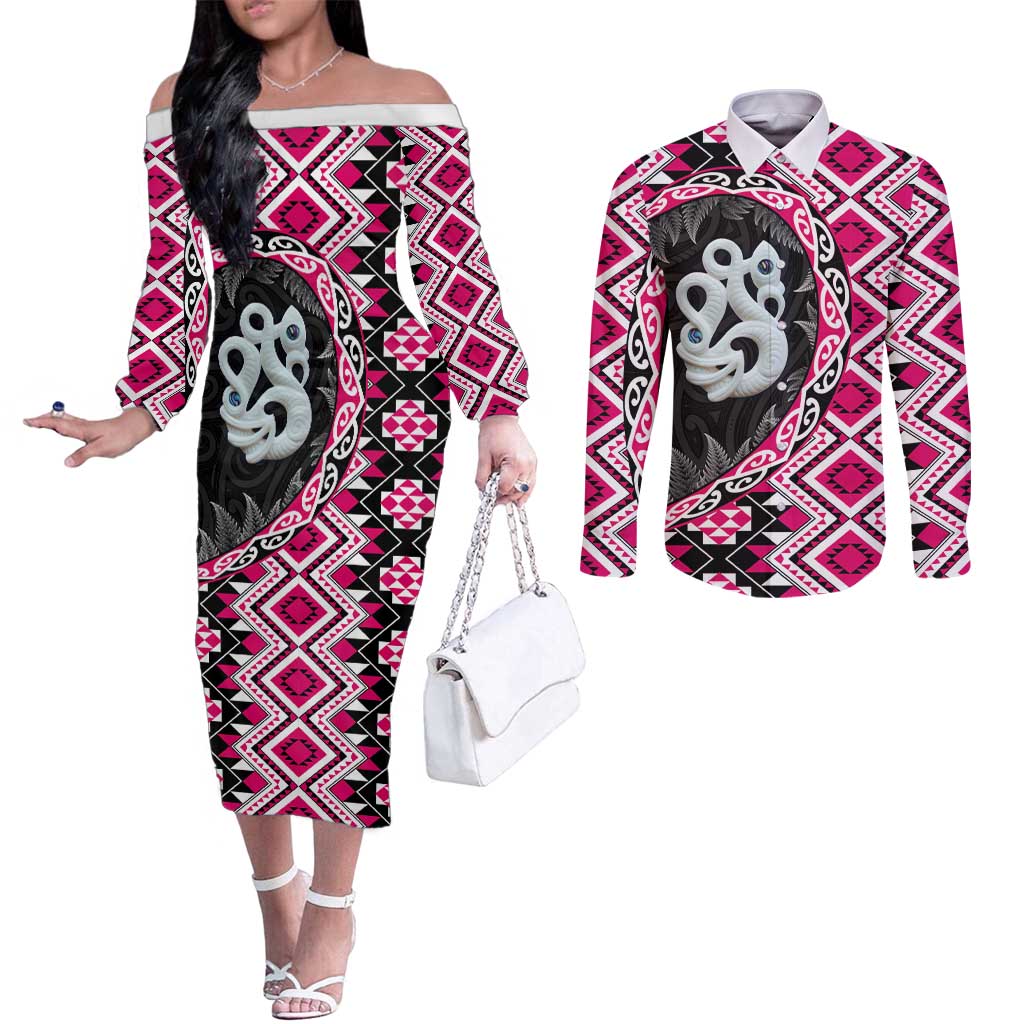 Pink Taniko Motif Aotearoa Manaia and Silver Fern Couples Matching Off The Shoulder Long Sleeve Dress and Long Sleeve Button Shirt LT03 Pink - Polynesian Pride