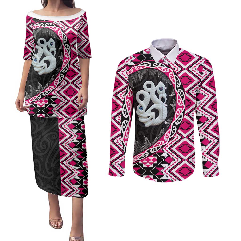 Pink Taniko Motif Aotearoa Manaia and Silver Fern Couples Matching Puletasi and Long Sleeve Button Shirt LT03 Pink - Polynesian Pride