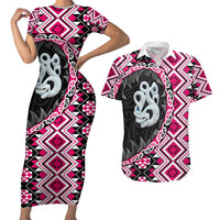 Pink Taniko Motif Aotearoa Manaia and Silver Fern Couples Matching Short Sleeve Bodycon Dress and Hawaiian Shirt LT03 Pink - Polynesian Pride