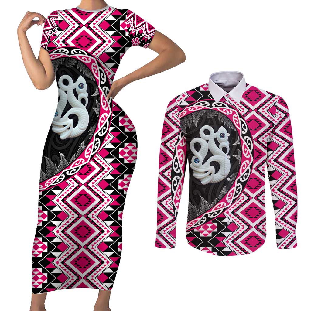 Pink Taniko Motif Aotearoa Manaia and Silver Fern Couples Matching Short Sleeve Bodycon Dress and Long Sleeve Button Shirt LT03 Pink - Polynesian Pride