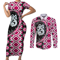 Pink Taniko Motif Aotearoa Manaia and Silver Fern Couples Matching Short Sleeve Bodycon Dress and Long Sleeve Button Shirt LT03 Pink - Polynesian Pride