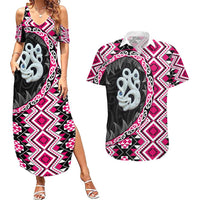 Pink Taniko Motif Aotearoa Manaia and Silver Fern Couples Matching Summer Maxi Dress and Hawaiian Shirt LT03 Pink - Polynesian Pride