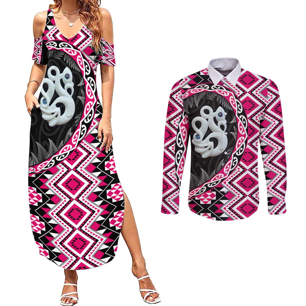 Pink Taniko Motif Aotearoa Manaia and Silver Fern Couples Matching Summer Maxi Dress and Long Sleeve Button Shirt LT03 Pink - Polynesian Pride