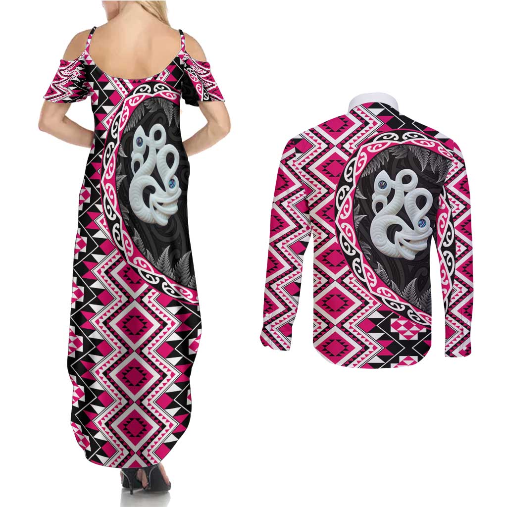 Pink Taniko Motif Aotearoa Manaia and Silver Fern Couples Matching Summer Maxi Dress and Long Sleeve Button Shirt LT03 - Polynesian Pride