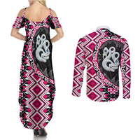 Pink Taniko Motif Aotearoa Manaia and Silver Fern Couples Matching Summer Maxi Dress and Long Sleeve Button Shirt LT03 - Polynesian Pride