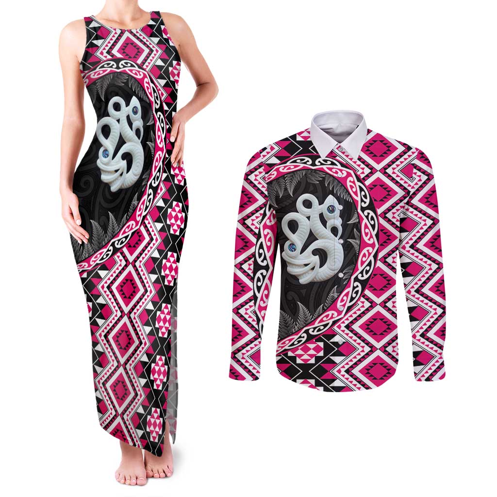 Pink Taniko Motif Aotearoa Manaia and Silver Fern Couples Matching Tank Maxi Dress and Long Sleeve Button Shirt LT03 Pink - Polynesian Pride