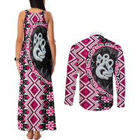 Pink Taniko Motif Aotearoa Manaia and Silver Fern Couples Matching Tank Maxi Dress and Long Sleeve Button Shirt LT03 - Polynesian Pride