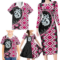 Pink Taniko Motif Aotearoa Manaia and Silver Fern Family Matching Long Sleeve Bodycon Dress and Hawaiian Shirt LT03 - Polynesian Pride