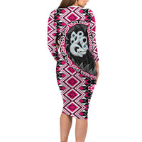 Pink Taniko Motif Aotearoa Manaia and Silver Fern Family Matching Long Sleeve Bodycon Dress and Hawaiian Shirt LT03 - Polynesian Pride