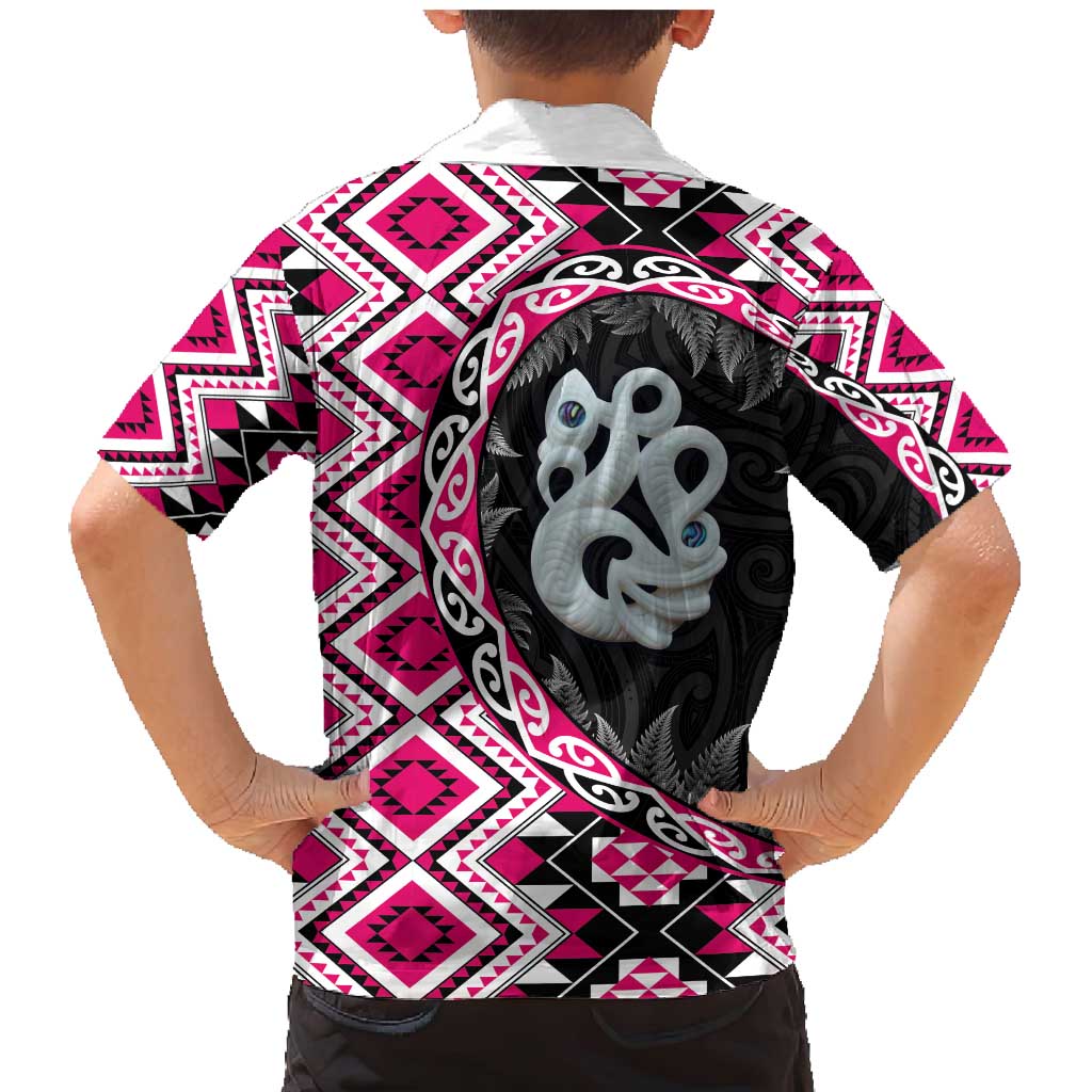Pink Taniko Motif Aotearoa Manaia and Silver Fern Family Matching Mermaid Dress and Hawaiian Shirt LT03 - Polynesian Pride