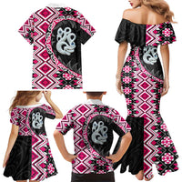 Pink Taniko Motif Aotearoa Manaia and Silver Fern Family Matching Mermaid Dress and Hawaiian Shirt LT03 - Polynesian Pride
