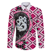 Pink Taniko Motif Aotearoa Manaia and Silver Fern Family Matching Mermaid Dress and Hawaiian Shirt LT03 Dad's Shirt - Long Sleeve Pink - Polynesian Pride