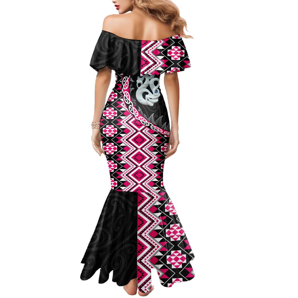 Pink Taniko Motif Aotearoa Manaia and Silver Fern Family Matching Mermaid Dress and Hawaiian Shirt LT03 - Polynesian Pride
