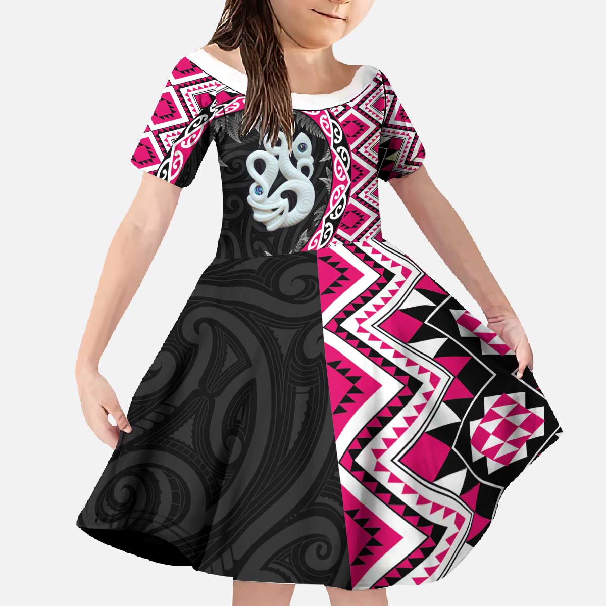 Pink Taniko Motif Aotearoa Manaia and Silver Fern Family Matching Off The Shoulder Long Sleeve Dress and Hawaiian Shirt LT03 Daughter's Dress Pink - Polynesian Pride
