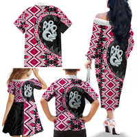 Pink Taniko Motif Aotearoa Manaia and Silver Fern Family Matching Off The Shoulder Long Sleeve Dress and Hawaiian Shirt LT03 - Polynesian Pride