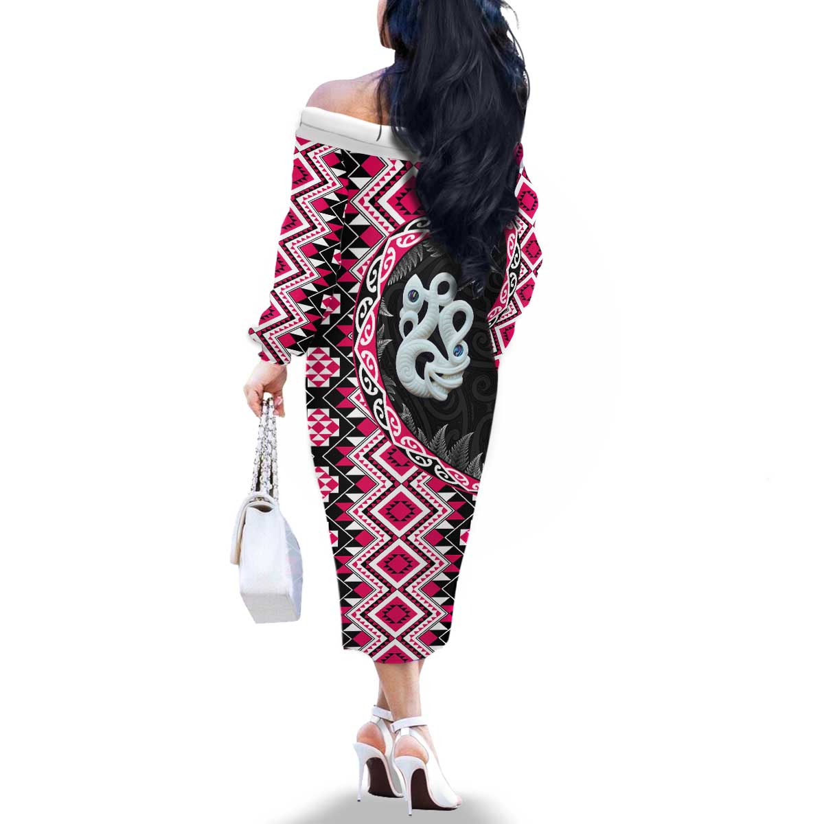 Pink Taniko Motif Aotearoa Manaia and Silver Fern Family Matching Off The Shoulder Long Sleeve Dress and Hawaiian Shirt LT03 - Polynesian Pride