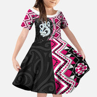 Pink Taniko Motif Aotearoa Manaia and Silver Fern Family Matching Off Shoulder Maxi Dress and Hawaiian Shirt LT03 Daughter's Dress Pink - Polynesian Pride