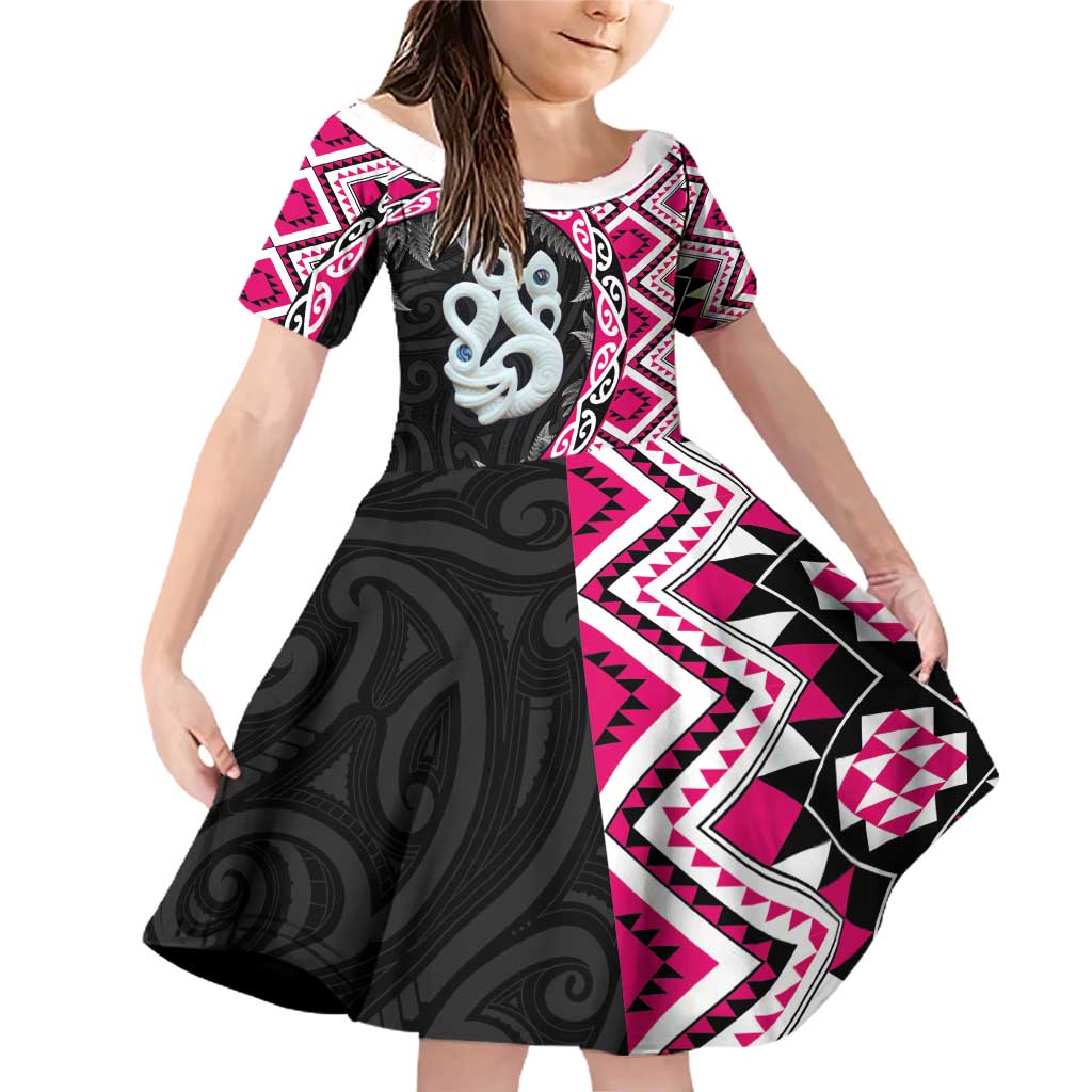 Pink Taniko Motif Aotearoa Manaia and Silver Fern Family Matching Off Shoulder Short Dress and Hawaiian Shirt LT03 Daughter's Dress Pink - Polynesian Pride