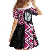 Pink Taniko Motif Aotearoa Manaia and Silver Fern Family Matching Off Shoulder Short Dress and Hawaiian Shirt LT03 - Polynesian Pride
