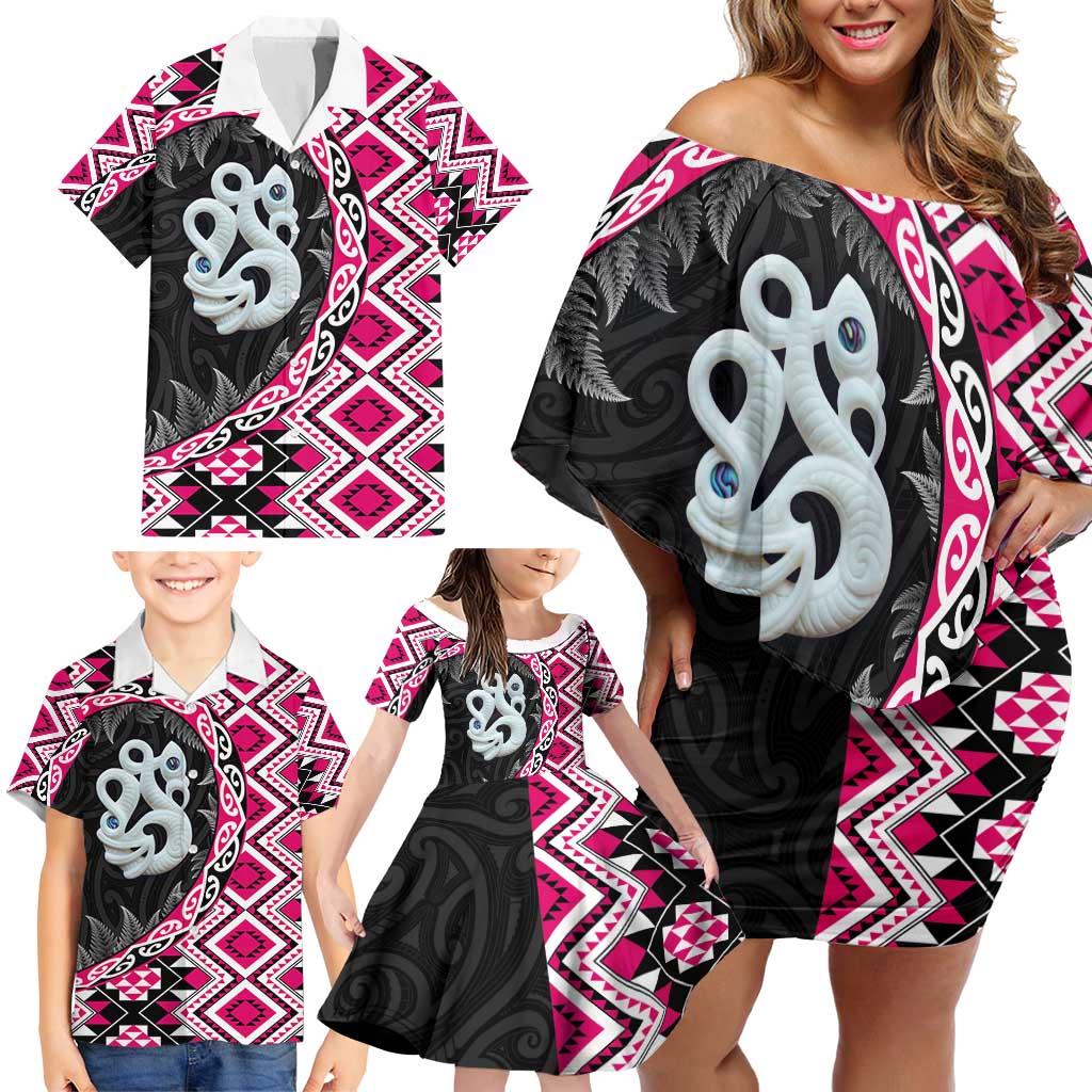 Pink Taniko Motif Aotearoa Manaia and Silver Fern Family Matching Off Shoulder Short Dress and Hawaiian Shirt LT03 - Polynesian Pride