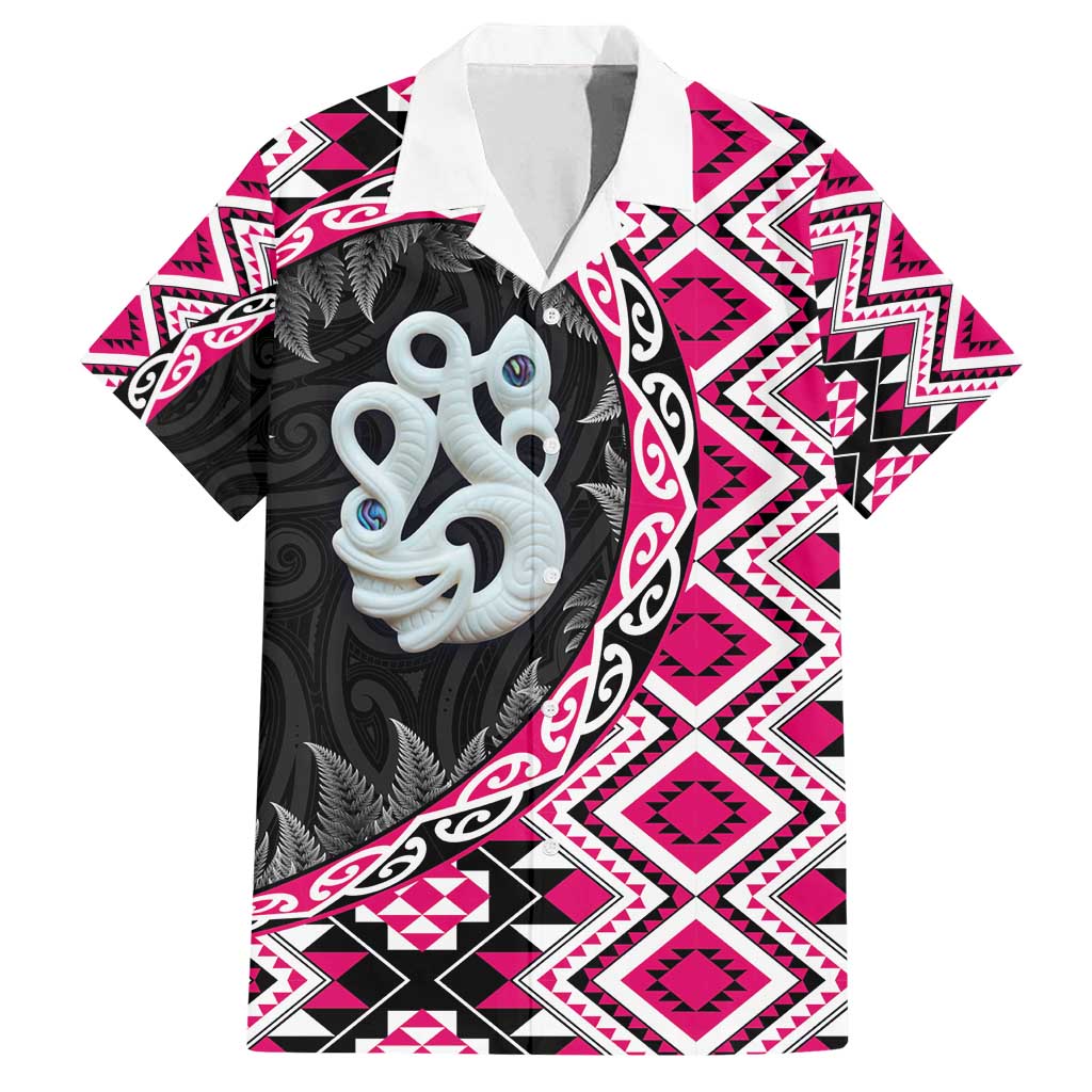 Pink Taniko Motif Aotearoa Manaia and Silver Fern Family Matching Off Shoulder Short Dress and Hawaiian Shirt LT03 Dad's Shirt - Short Sleeve Pink - Polynesian Pride