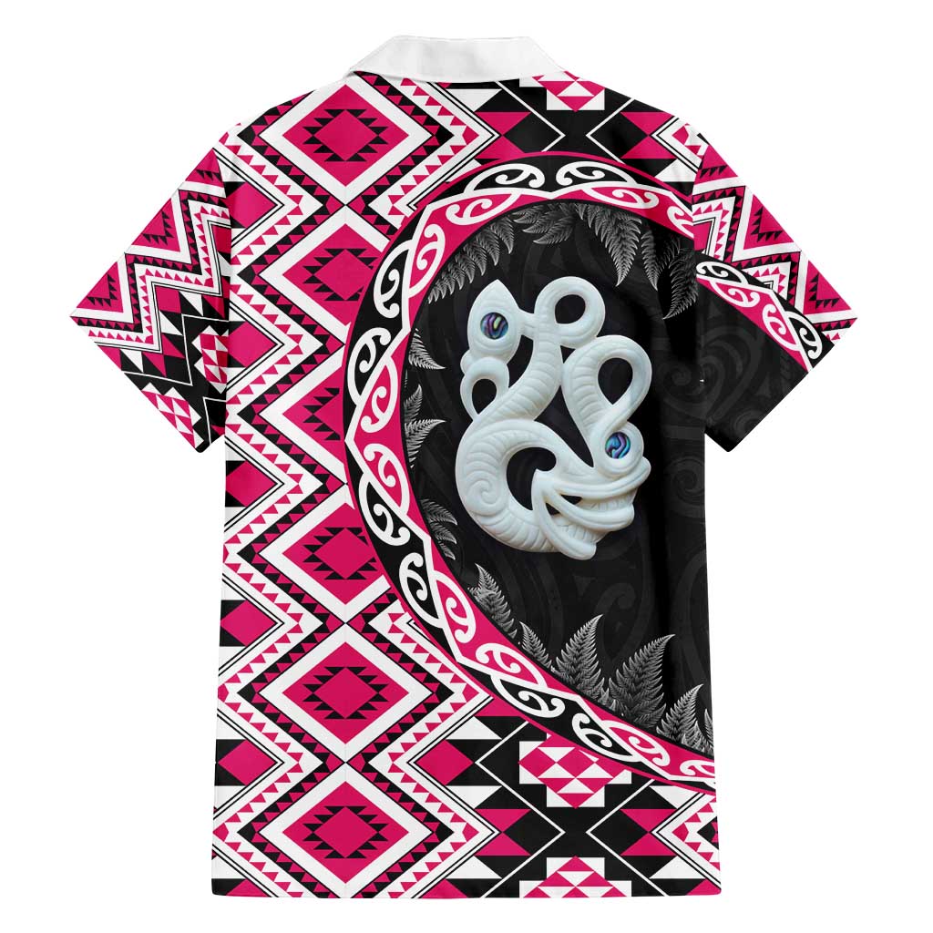 Pink Taniko Motif Aotearoa Manaia and Silver Fern Family Matching Puletasi and Hawaiian Shirt LT03 - Polynesian Pride