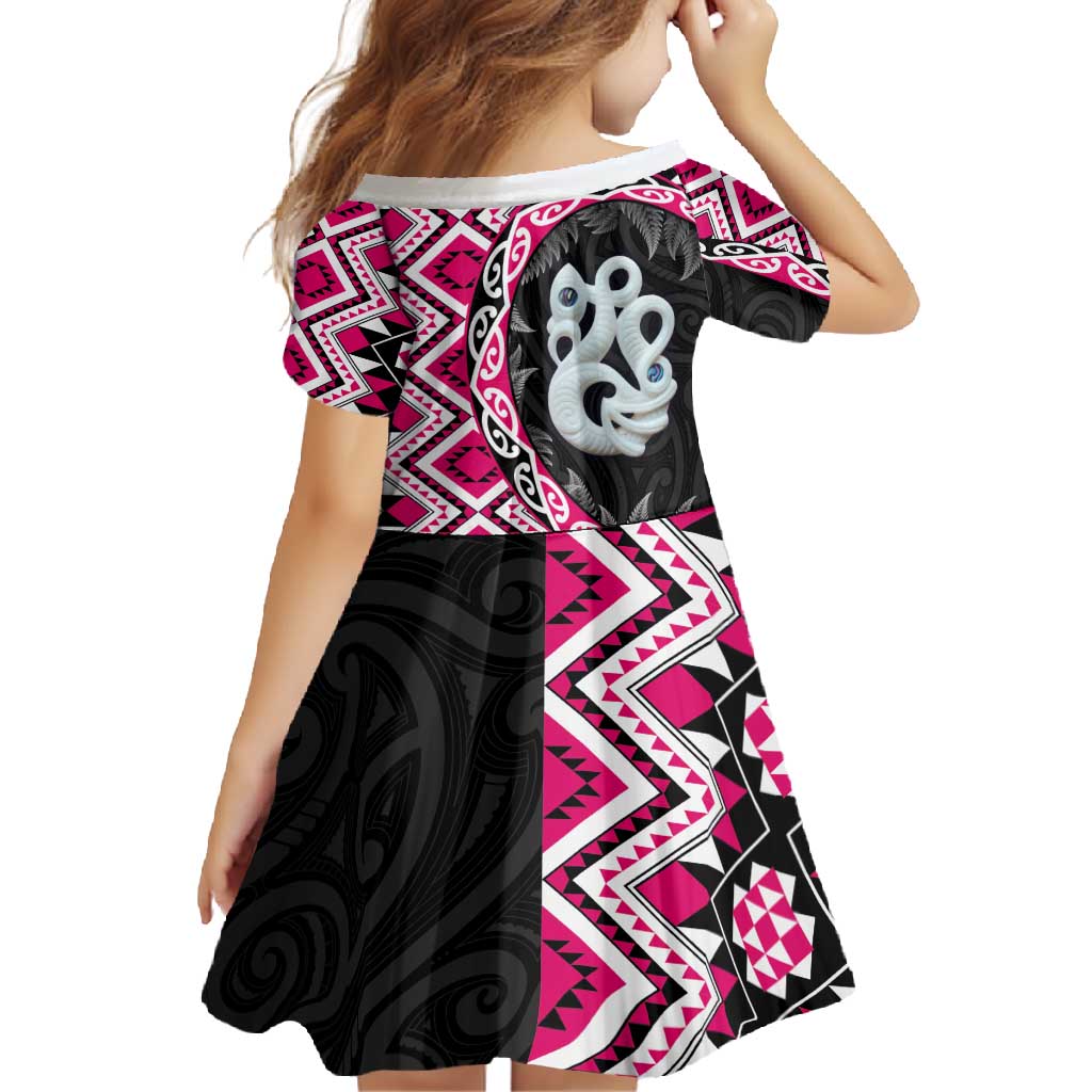 Pink Taniko Motif Aotearoa Manaia and Silver Fern Family Matching Short Sleeve Bodycon Dress and Hawaiian Shirt LT03 - Polynesian Pride