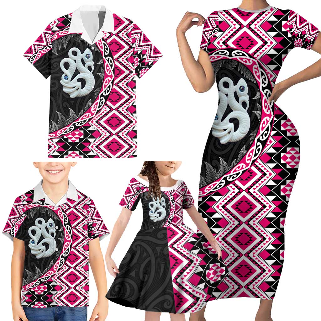 Pink Taniko Motif Aotearoa Manaia and Silver Fern Family Matching Short Sleeve Bodycon Dress and Hawaiian Shirt LT03 - Polynesian Pride