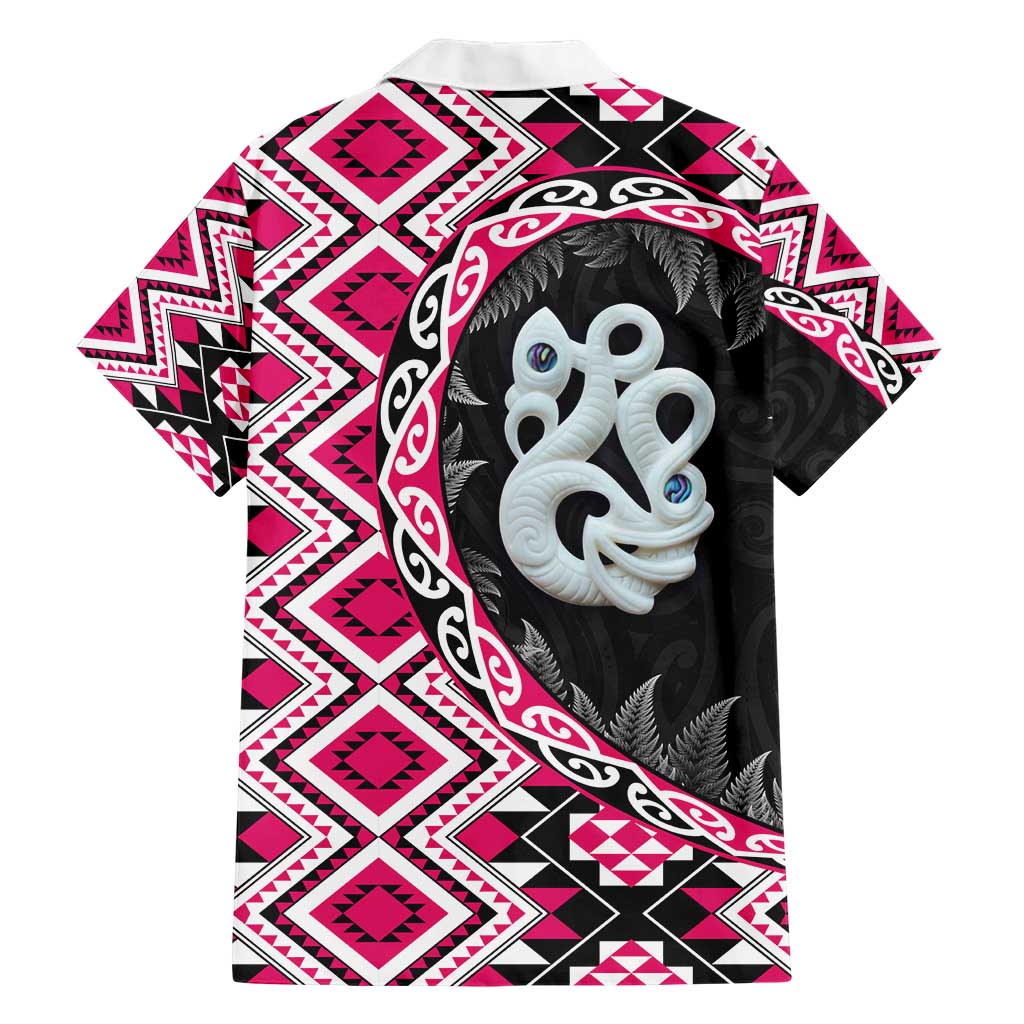 Pink Taniko Motif Aotearoa Manaia and Silver Fern Family Matching Short Sleeve Bodycon Dress and Hawaiian Shirt LT03 - Polynesian Pride