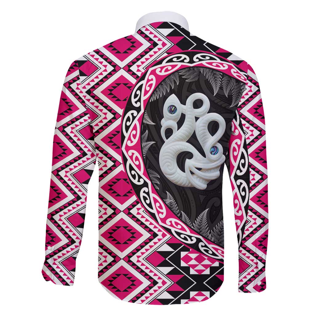 Pink Taniko Motif Aotearoa Manaia and Silver Fern Family Matching Short Sleeve Bodycon Dress and Hawaiian Shirt LT03 - Polynesian Pride