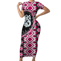 Pink Taniko Motif Aotearoa Manaia and Silver Fern Family Matching Short Sleeve Bodycon Dress and Hawaiian Shirt LT03 Mom's Dress Pink - Polynesian Pride